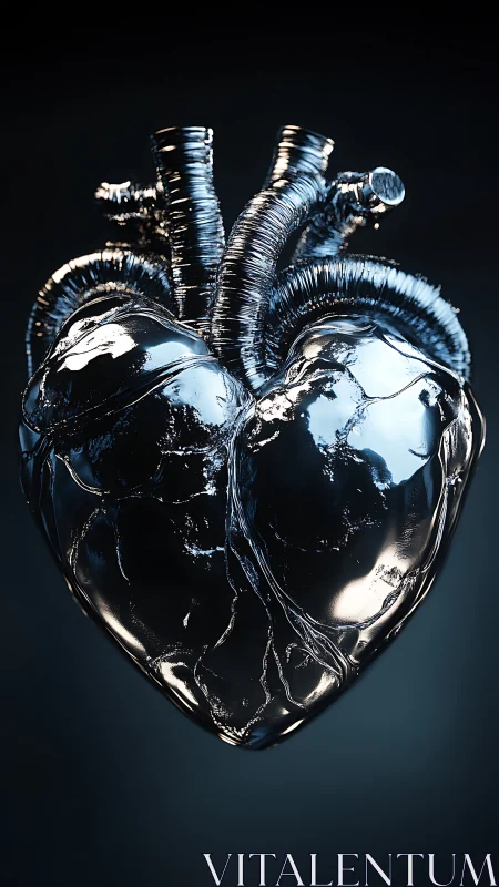 Chrome cybernetic heart sculpture gleams in dark void.