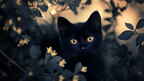 Golden-Eyed Black Cat Among Moonlit Flowers.