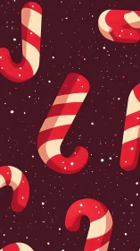 Candy cane pattern over deep red snowy background.