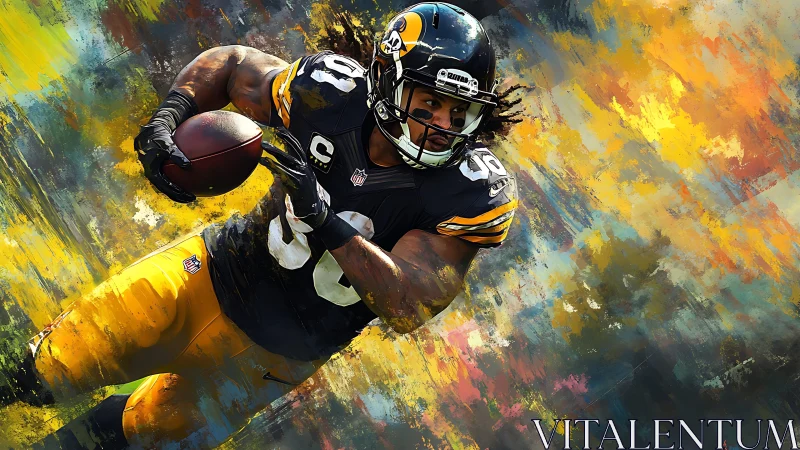 American football runner with ball in abstract color field.