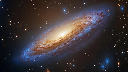 Spiral galaxy glows with luminous core amid star field.