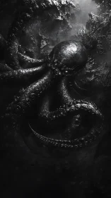 Colossal shadowed kraken coils upward through abyssal gloom