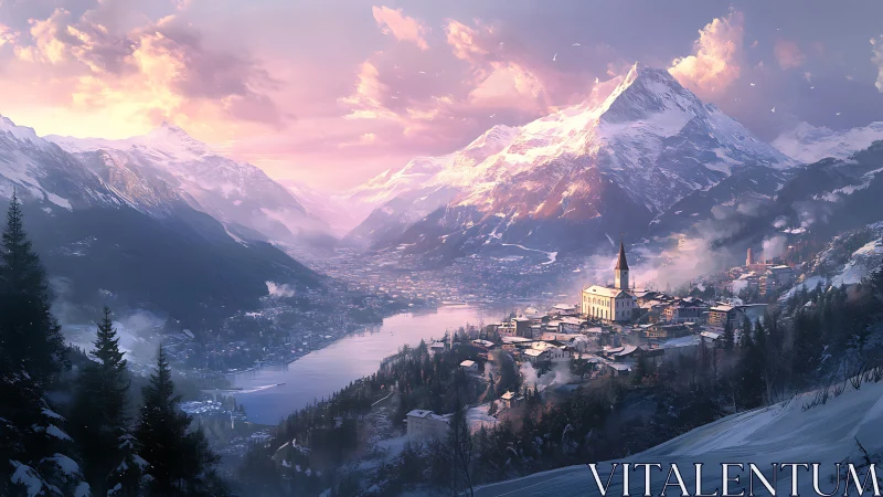 Snowlit alpine town over tranquil lake at sunrise.