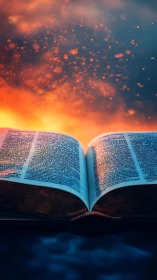 Open illuminated bible glows beneath swirling fiery embers