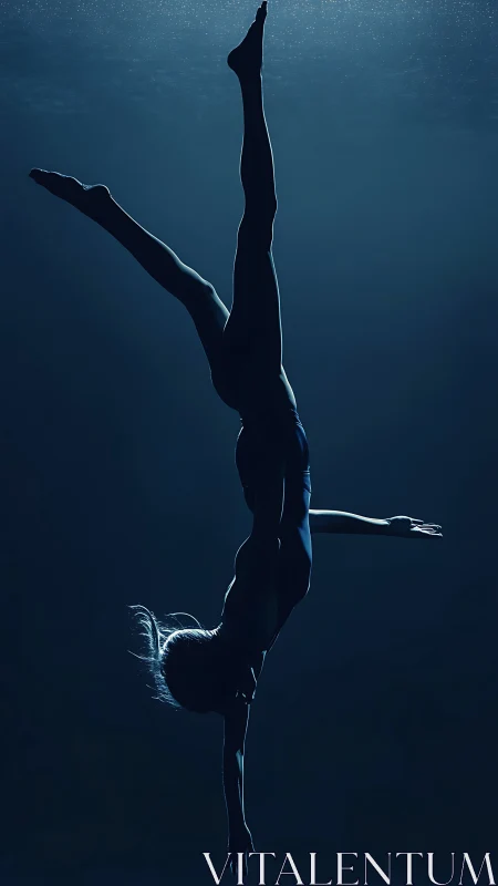 Underwater gymnast in inverted split pose in deep blue light.
