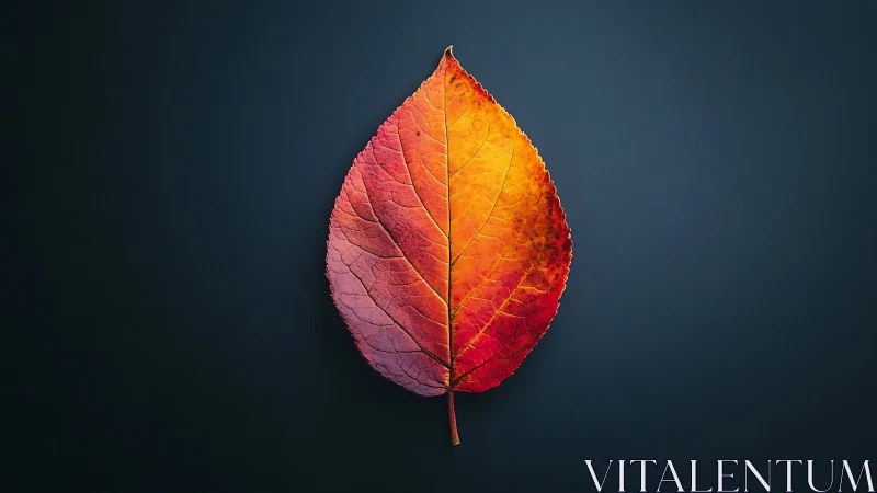 Single autumn leaf is centered against dark uniform background