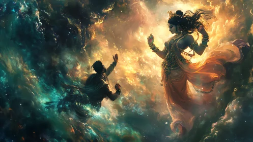 Divine goddess emerging from nebula as mortal ascends.