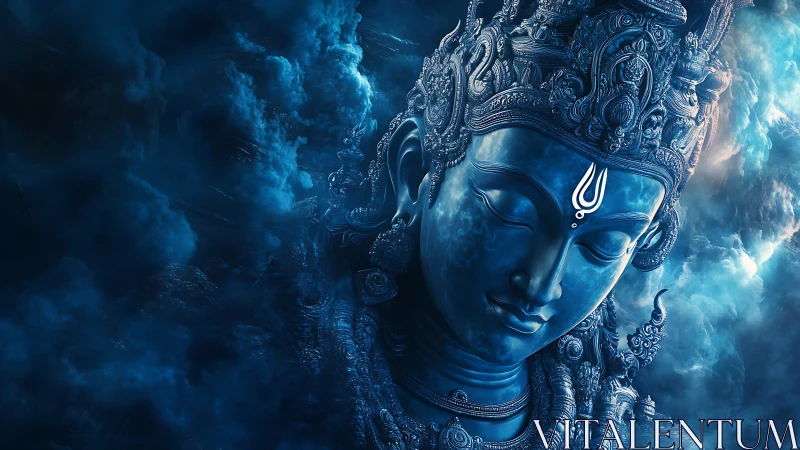 Serene celestial deity rests in swirling blue cosmic clouds