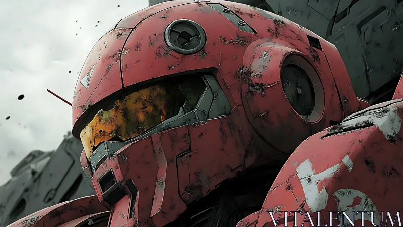 Battle-worn red mecha helmet with scratched tactical visor.