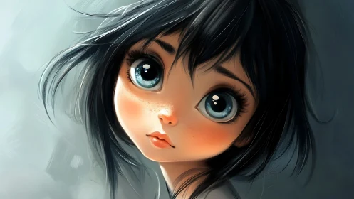 Soft-eyed girl gazes gently forward with windswept dark hair