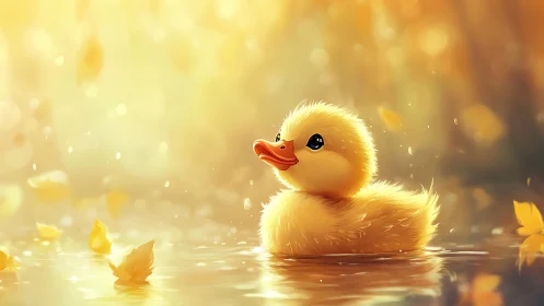 Duckling floating on warm golden water at sunset.