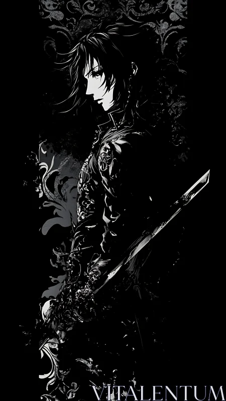 Dark anime swordsman in ornate monochrome profile portrait.