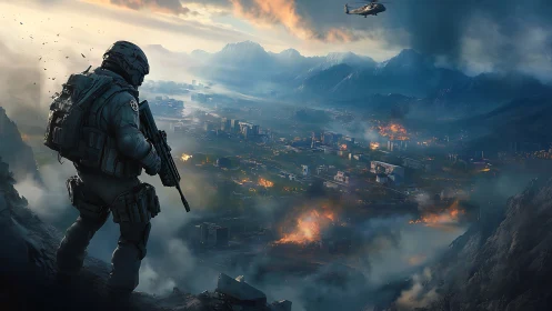 Lone soldier overlooking burning futuristic valley cityscape.