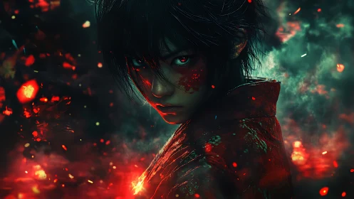 Ember-eyed warrior amid swirling sparks and shadowed smoke.