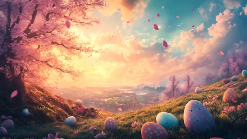 Fantasy hillside Easter meadow glows under pastel sunrise sky