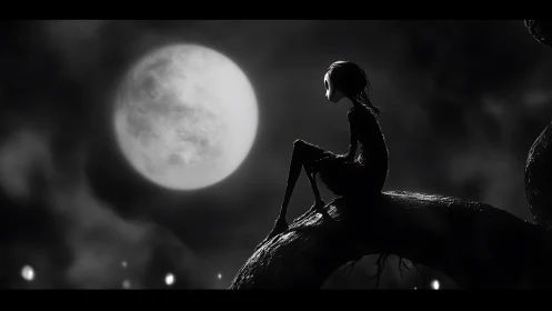 Gentle moonlit dreamer resting on a quiet twisted branch.