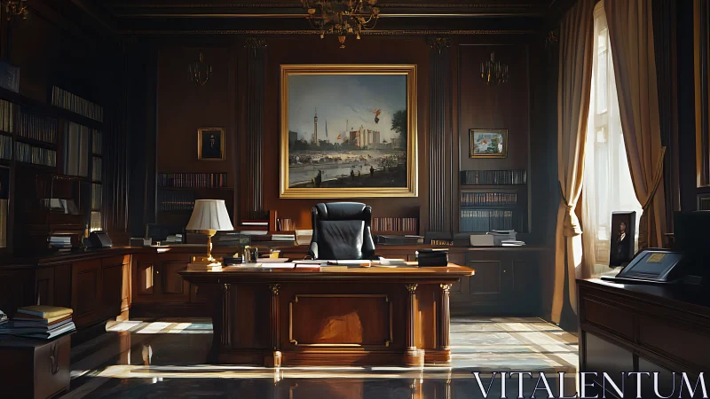 Executive mahogany office interior with classical daylight ambiance.