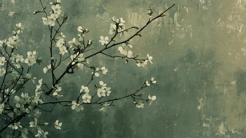 Delicate Blossoming Branch Against Textured Green Wall, Minimalist Art.