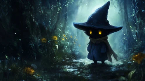Small robed figure with glowing eyes in misty forest path.