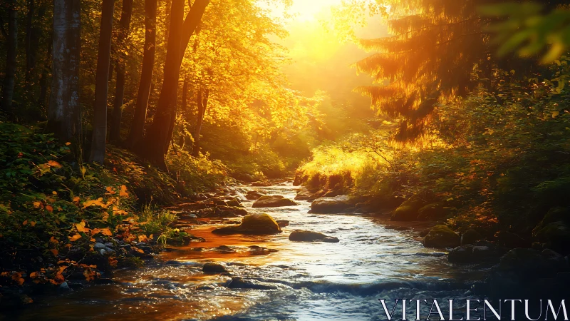 Low-angle autumn forest stream under backlit golden sunrise