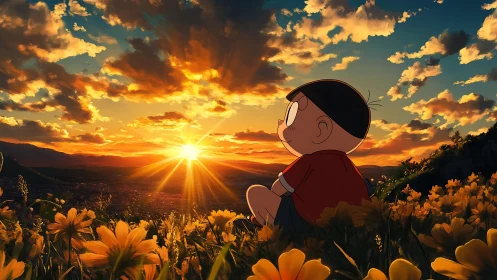 Child in red shirt watching radiant sunset over wildflowers.