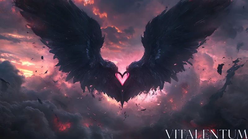 Dark angel wings ignite a glowing heart in stormy skies