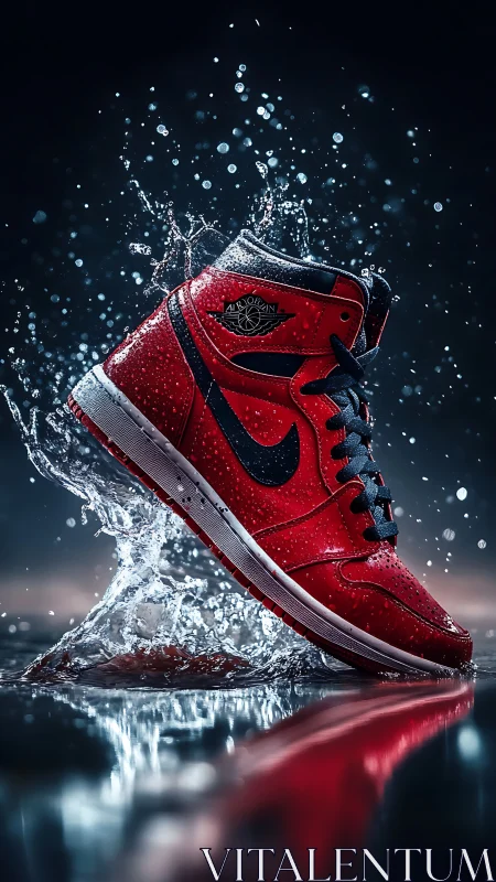 Red athletic sneaker impacting water with splash dynamics.