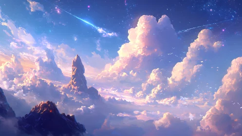 Celestial mountains rise through luminous sunset clouds.