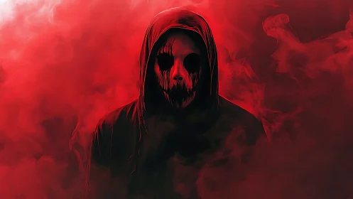 Hooded specter emerges through blood-red swirling smoke.