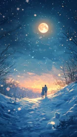 Two hearts gaze beneath a luminous moon on winter's magical evening