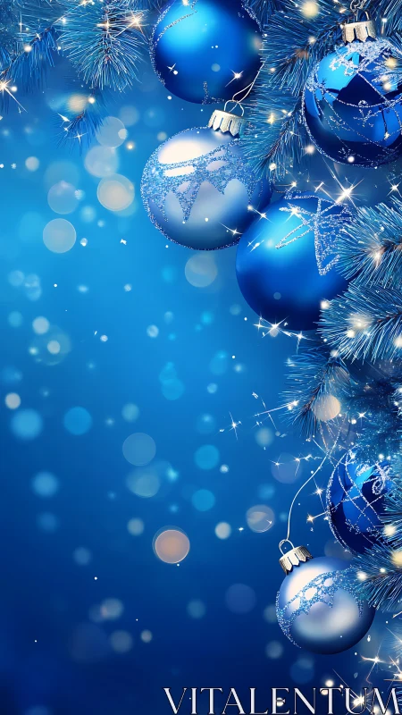 Sparkling blue Christmas baubles on glowing pine boughs.