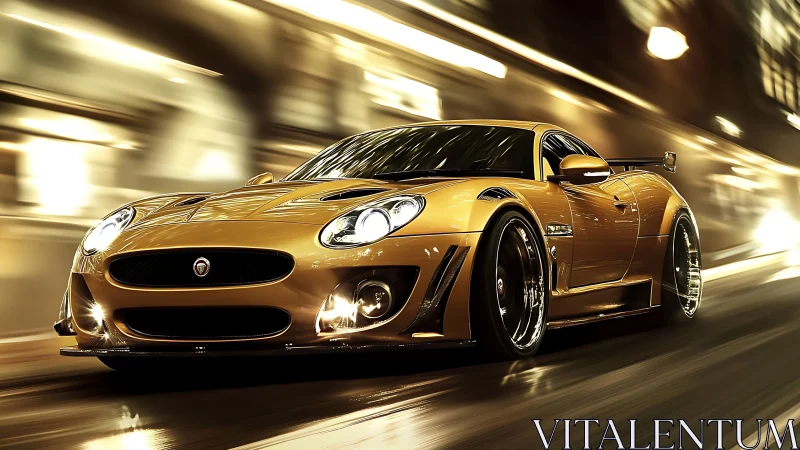 Golden sports car racing through blurred city night streets.