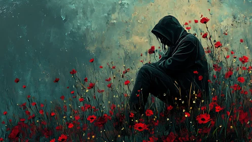 Solitary hooded figure rendered amid high-contrast red poppy field