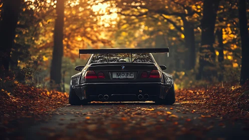 Rear view modified BMW coupe on forest road in autumn light.