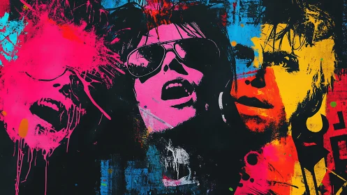 Neon triptych of expressive singers in splattered pop color.