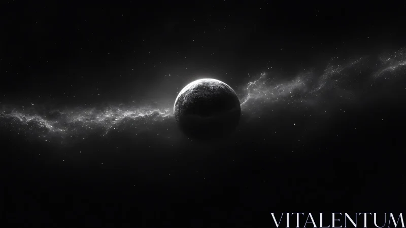 Dark exoplanet silhouette against glowing galactic dust lane.