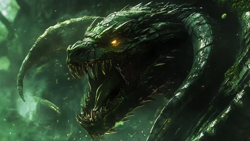Emerald-scaled dragon roars amid luminous forest haze