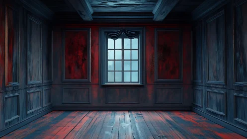Crimson chamber of whispers around a lone frosted window.