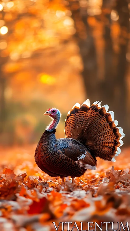 Wild turkey display in shallow-depth autumn forest bokeh field.