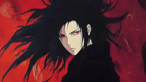 Scarlet storm eyes and midnight hair cut across crimson skies.