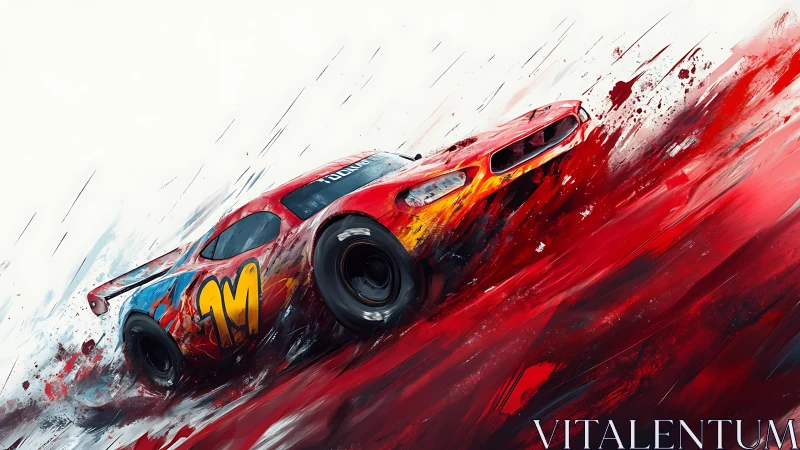 Red racing car in dynamic abstract paint motion.