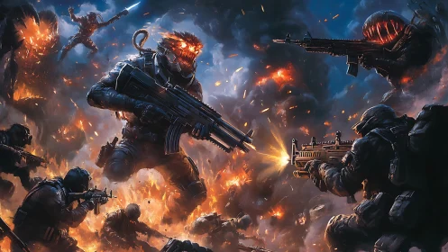 Heavily armed soldiers battling monstrous aliens in firestorm