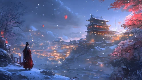 Snow-covered valley city is observed from a raised path