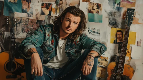 Long-haired male subject with guitars in mixed-media studio.