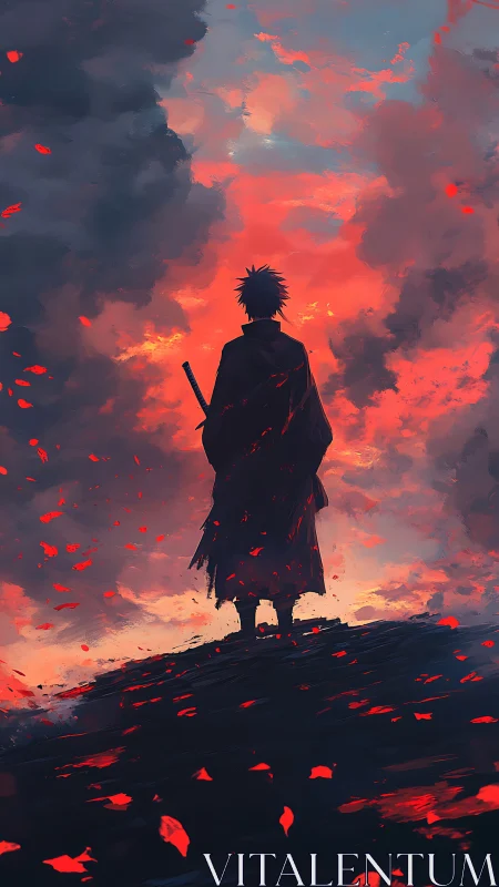 Silhouetted swordsman stands before dense red cloud bank