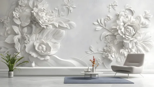 Elegant Modern Living Room with White Floral 3D Wall Art Design.