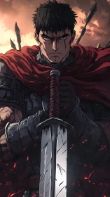 Armored warrior grips greatsword amid embers and dusk sky