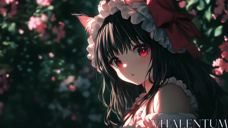 Anime catgirl maid under dappled garden sunlight.
