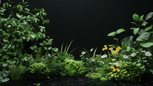 Lush garden blooms glow gently against a deep dark backdrop