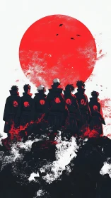 Silhouetted cloaked figures before large red sun symbol